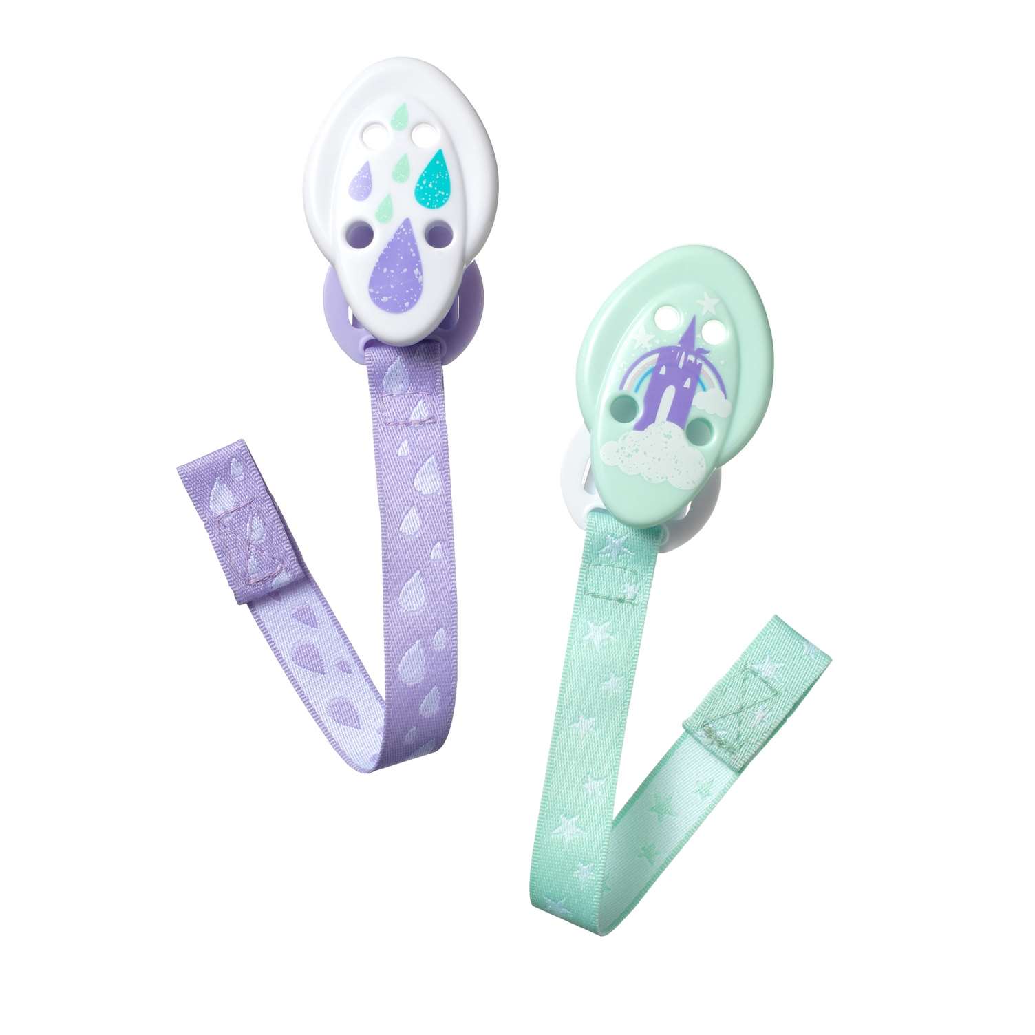 pacifier holders, purple and green, product only